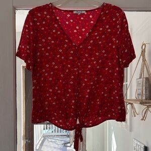 Madewell Red Floral Tie-Front V-Neck Blouse